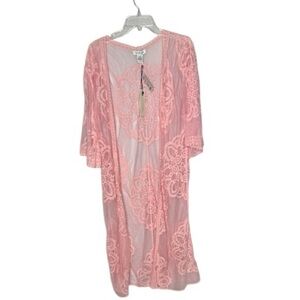 Rachel Zoe Pink Lace Crochet Open Front Kimono/Cover Up. One Size.